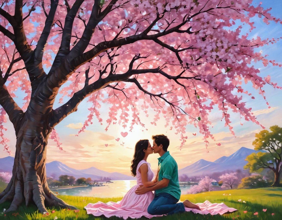 A warm and cozy scene depicting a couple sharing a tender kiss under a blossoming cherry blossom tree, surrounded by soft, floating heart shapes and gentle sunlight filtering through the branches. Include playful children in the background exchanging love notes, creating a joyous atmosphere. The color palette should be pastel with shades of pink, gold, and green, evoking feelings of love and nostalgia. painting. vibrant colors.