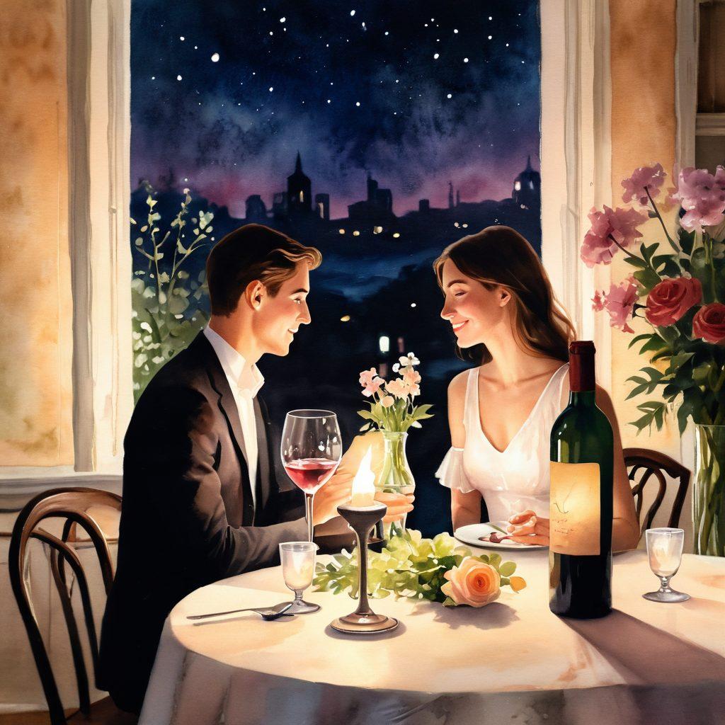 A romantic scene featuring a cozy candlelit dinner for two, with soft, warm lighting, delicate flower arrangements, and a bottle of wine. In the background, a silhouette of a couple sharing a sweet glance, reflecting flirtation and connection. Enhance the ambiance with gentle heart-shaped bokeh effects. watercolor painting. soft pastel colors.