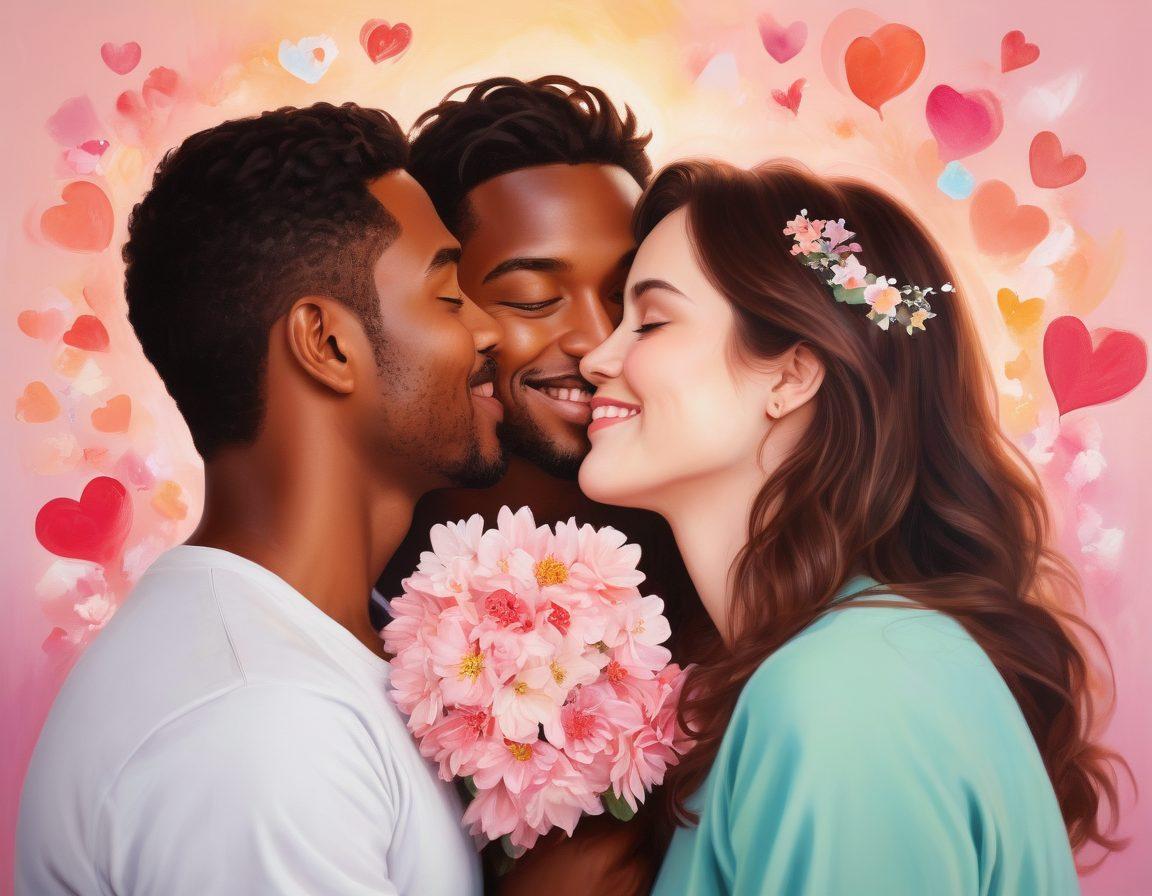 A serene scene depicting a diverse couple sharing a tender moment, with soft, warm lighting that highlights their smiles as they transition from a kiss to an embrace. Surround them with elements symbolizing love, like floating hearts and gentle flowers in bloom, set against a dreamy, pastel-colored background. Emphasize the warmth and connection in their expressions, showcasing the magic of intimacy. painting. vibrant colors. soft focus.